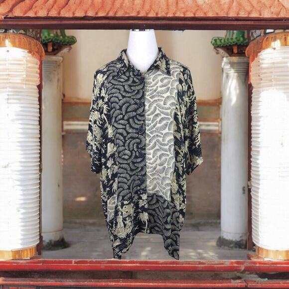 Vintage 90s We Be Bop Tunic Top Black Beige Asian Pagoda Print Art To Wear - Picture 1 of 9